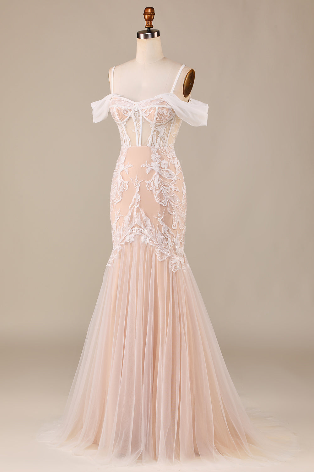 Robe de mariée longue sirène champagne avec dentelle